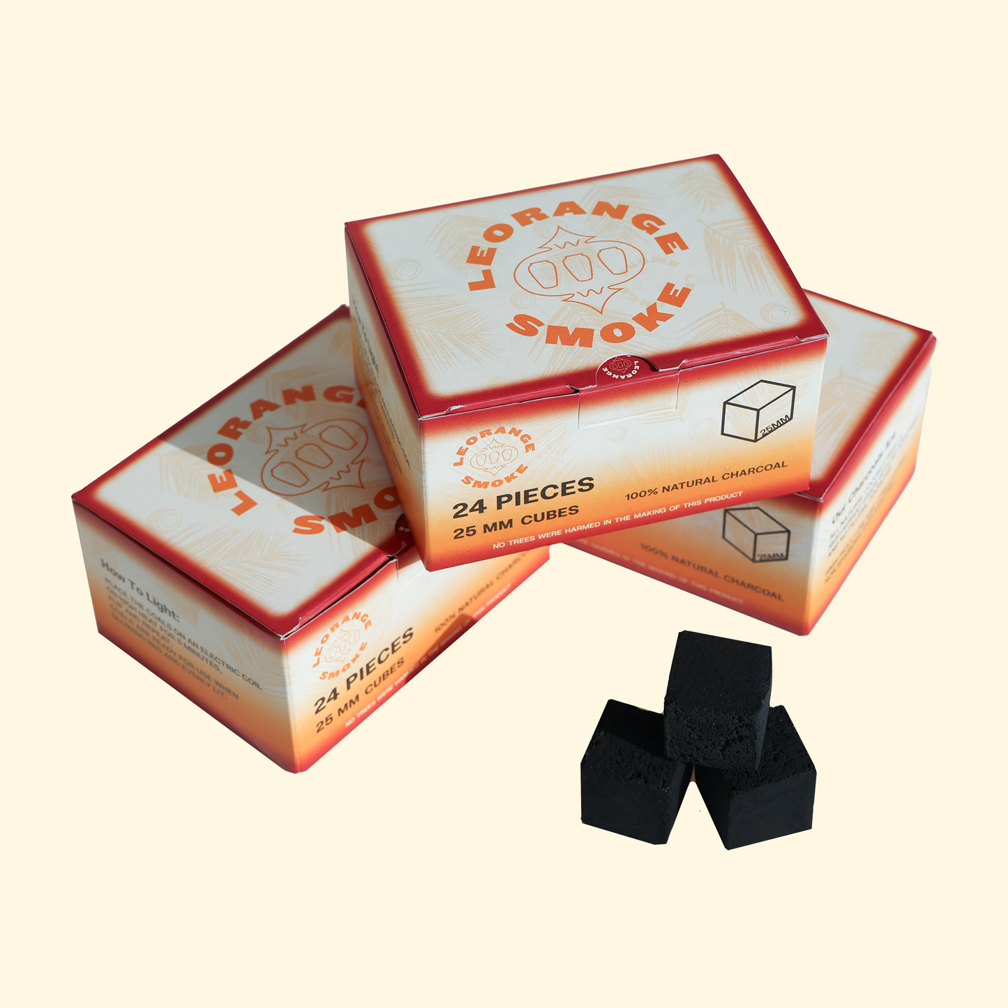 LeOrange 24Pc packs in A Pyramid next to 25MM charcoal cubes