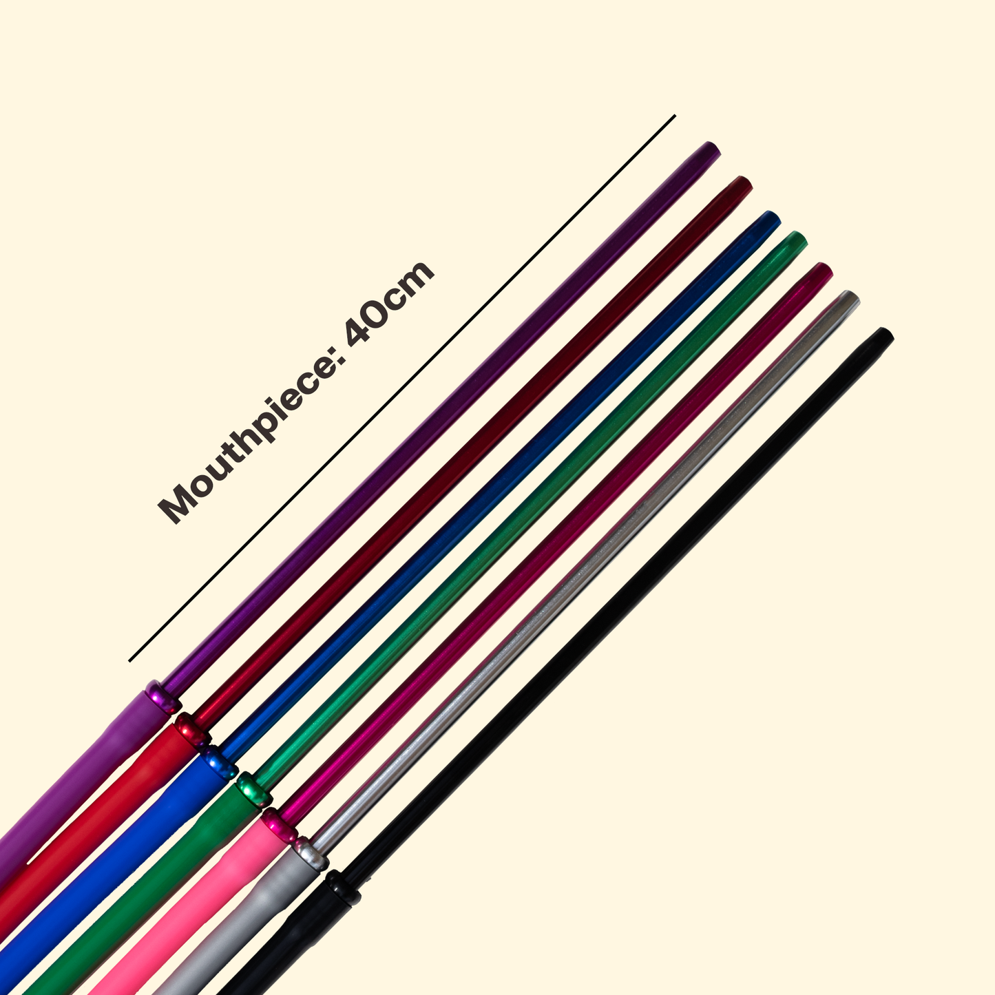 All colors of aluminum hose handles shown, highlighting handle lenght of 40cm